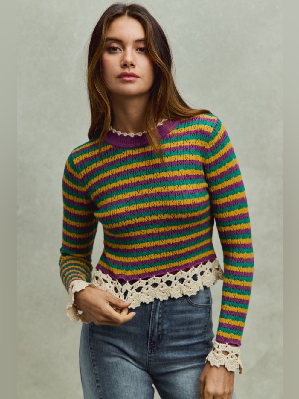 SO ME Mardi Gras Striped Cropped Knit Top with Crochet Edge